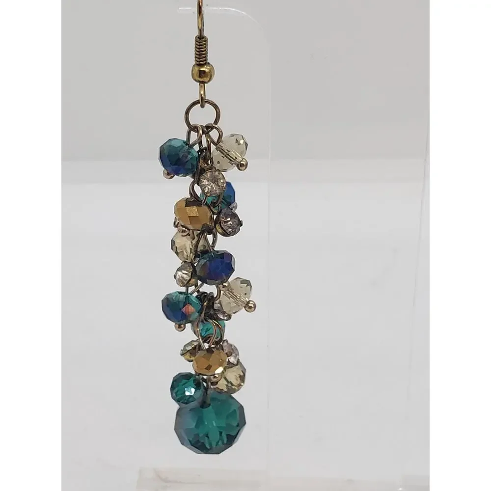 Vintage Dangle Drop Earrings Teal Green Glass Bead Dangle Chandelier Boho